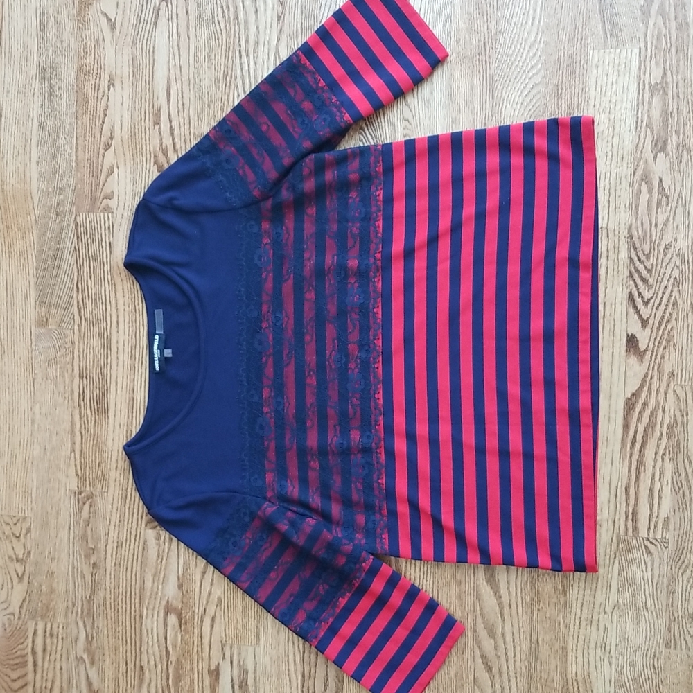 (L) Karl Lagerfeld Paris Navy and Red Striped Lace Accented 3/4 Sleeve Top